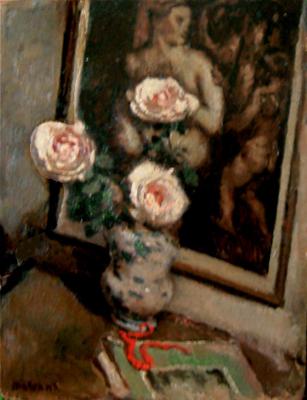 Nat. morta con rose e collana rossa (Vaso con due rose e quadro sullo sfondo)