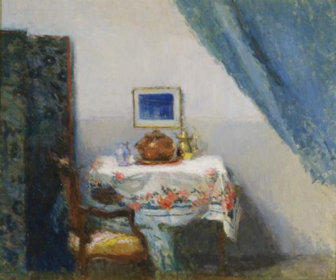 Interno dello studio con paravento a fiorami