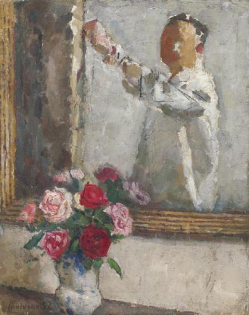 Autoritratto con vaso di rose