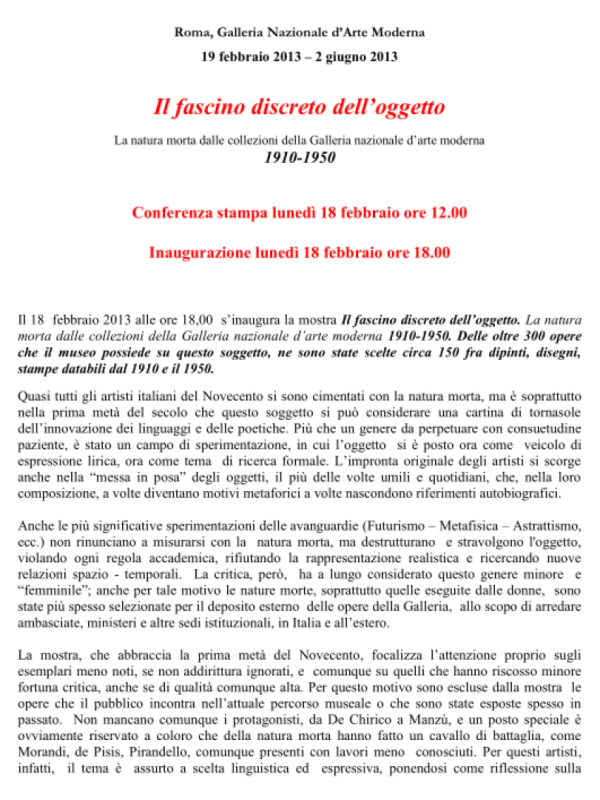 Rassegna stampa mostra "Il fascino discreto dell'oggetto. La natura morta dalle collezioni della GNAM. 1910-1950"